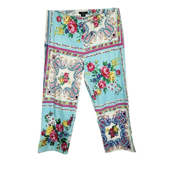 Ario Pants - Ario Beaded Cropped Pants Large Boho Cottage Floral Art Patchwork Print Wide Leg
